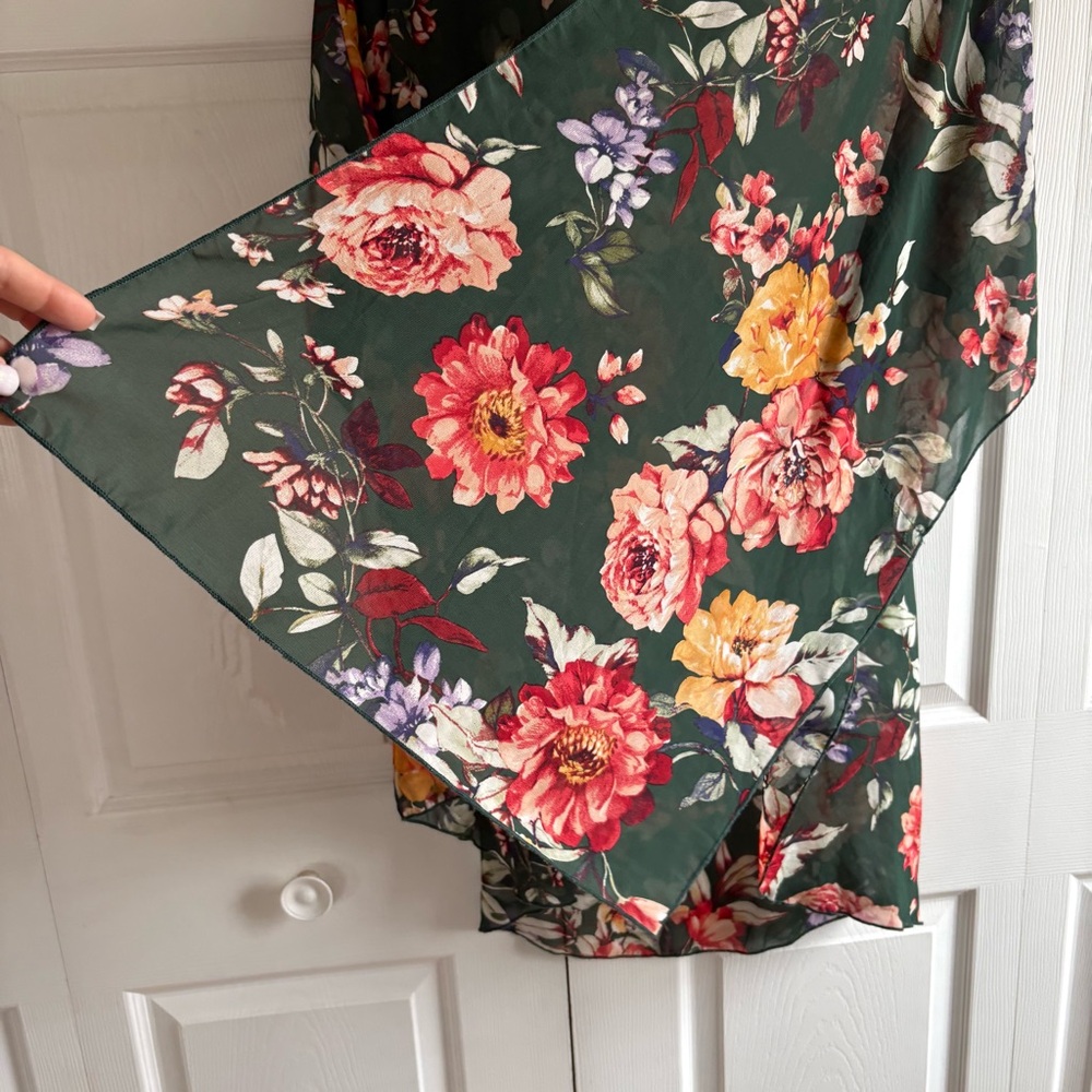Emory Park Green Floral Kimono Cardigan Shawl Wrap Duster Sheer Boho Bloom 1XL - Picture 3 of 7